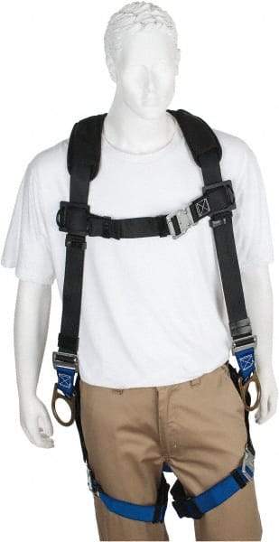 PRO-SAFE - 350 Lb Capacity, Size XXL, Full Body Padded Back D-Ring Safety Harness - Polyester, Side D-Ring, Quick Connect Leg Strap, Quick Connect Chest Strap, Black/Blue - Caliber Tooling