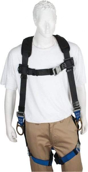 PRO-SAFE - 350 Lb Capacity, Size XL, Full Body Padded Back D-Ring Safety Harness - Polyester, Side D-Ring, Quick Connect Leg Strap, Quick Connect Chest Strap, Black/Blue - Caliber Tooling