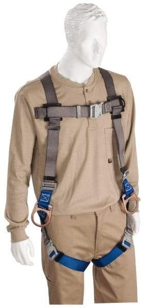 PRO-SAFE - 350 Lb Capacity, Size XXL, Full Body Quick Connect Back D-Ring Safety Harness - Polyester, Side D-Ring, Quick Connect Leg Strap, Quick Connect Chest Strap, Gray/Blue - Caliber Tooling