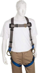 PRO-SAFE - 350 Lb Capacity, Size Universal, Full Body Back D-Ring Safety Harness - Polyester, Side D-Ring, Pass-Thru Leg Strap, Pass-Thru Chest Strap, Gray/Blue - Caliber Tooling