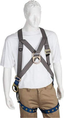 PRO-SAFE - 350 Lb Capacity, Size XXL, Full Body Cross-Over Safety Harness - Polyester, Front D-Ring, Side D-Ring, Tongue Buckle Leg Strap, Pass-Thru Chest Strap, Gray/Blue - Caliber Tooling