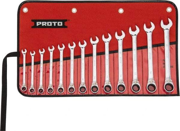 Proto - 13 Piece, 7mm to 19mm, 12 Point Reversible Ratcheting Combination Wrench Set - Metric Measurement Standard, Full Polish Chrome Finish, Comes in Tool Roll - Caliber Tooling