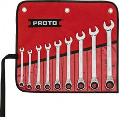 Proto - 9 Piece, 9/32" to 3/4", 12 Point Reversible Ratcheting Combination Wrench Set - Inch Measurement Standard, Full Polish Chrome Finish, Comes in Tool Roll - Caliber Tooling