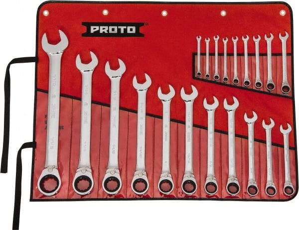 Proto - 20 Piece, 7/32" to 1-1/2", 12 Point Reversible Ratcheting Combination Wrench Set - Inch Measurement Standard, Full Polish Chrome Finish, Comes in Tool Roll - Caliber Tooling