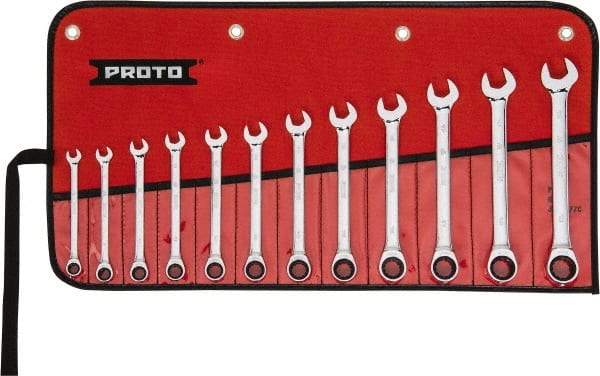 Proto - 12 Piece, 8mm to 19mm, 12 Point Ratcheting Combination Wrench Set - Metric Measurement Standard, Full Polish Chrome Finish, Comes in Tool Roll - Caliber Tooling