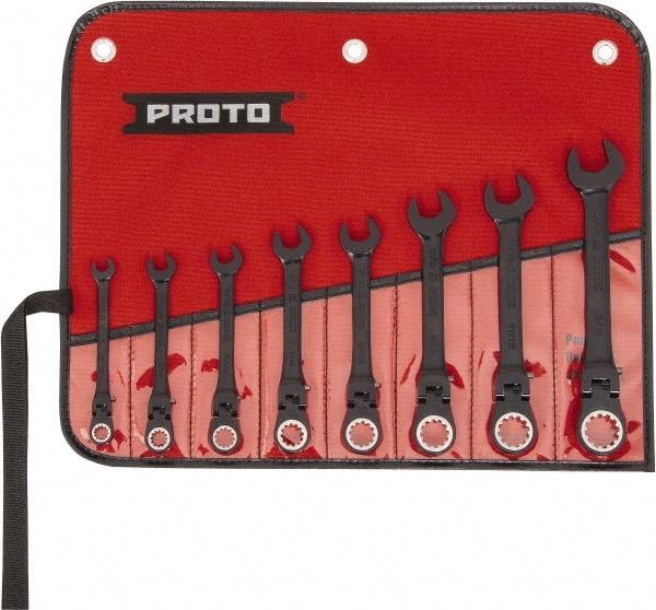 Proto - 8 Piece, 5/16" to 3/4", 12 Point Ratcheting Flex-Head Spline Wrench Set - Inch Measurement Standard, Black/Chrome Finish, Comes in Nylon Roll - Caliber Tooling