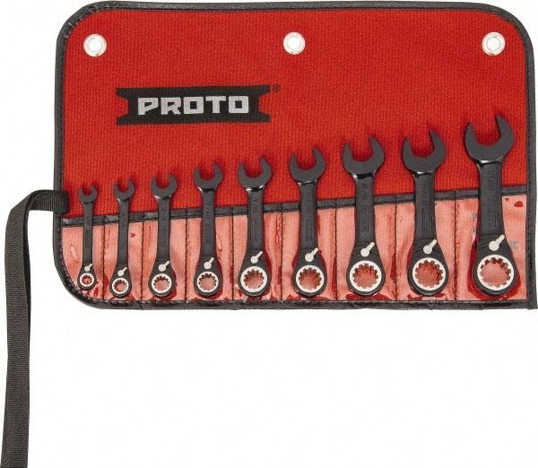 Proto - 9 Piece, 1/4" to 3/4", 12 Point Short Ratcheting Reversible Combination Spline Wrench Set - Inch Measurement Standard, Black/Chrome Finish, Comes in Tool Roll - Caliber Tooling