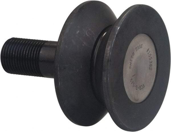 Accurate Bushing - 6-1/2" Roller Diam x 3" Width, 2" Stud Diam x 4-1/2" Length, V Guide Roller - Carbon Steel, 2-1/2" Thread Length, 2-12 Thread, 7-1/2" OAL, 35,800 Lb Dynamic Cap, 40,000 Lb Static Cap - Caliber Tooling