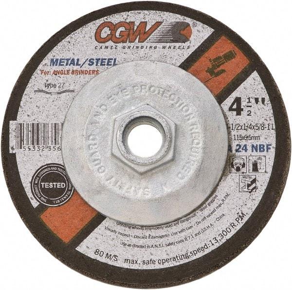 Camel Grinding Wheels - 24 Grit, 6" Wheel Diam, 1/4" Wheel Thickness, Type 27 Depressed Center Wheel - Coarse Grade, Aluminum Oxide, Resinoid Bond, 10,200 Max RPM - Caliber Tooling