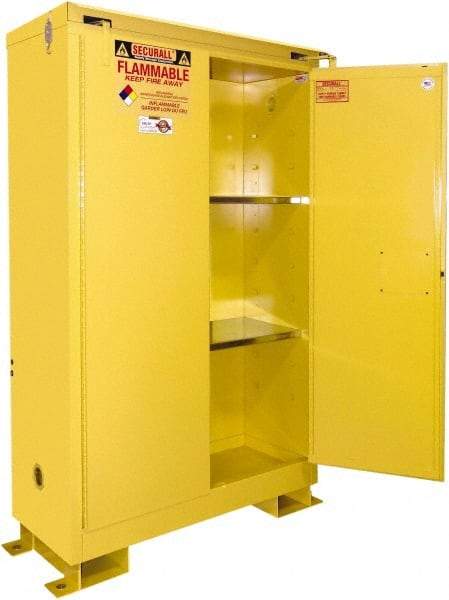 Securall Cabinets - 2 Door, 2 Shelf, Yellow Steel Standard Safety Cabinet for Flammable and Combustible Liquids - 71" High x 31" Wide x 31" Deep, Self Closing Door, 3 Point Key Lock, 60 Gal Capacity - Caliber Tooling