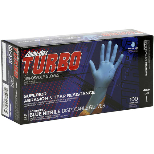 ‎63-332/XXL Disposable Gloves - Ambi-Dex Turbo Disposable Nitrile - 5 mil Blue - Powdered - Textured Grip - Exact Industrial Supply