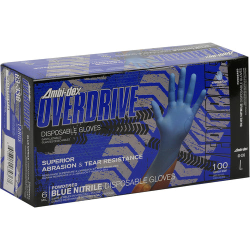 ‎63-336/XL Disposable Gloves - Ambi-Dex Overdrive Disposable Nitrile - 6 mil Blue - Powdered - Text - Exact Industrial Supply