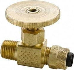 Parker - 1/4" Pipe, Inline Needle Valve - Poly-Tite x MNPTF Ends, Brass Valve, 150 Max psi - Caliber Tooling