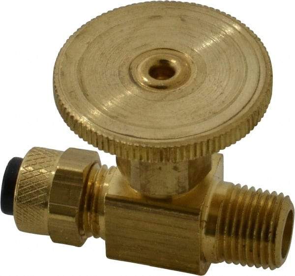 Parker - 1/4 x 1/8" Pipe, Inline Needle Valve - Poly-Tite x MNPTF Ends, Brass Valve, 150 Max psi - Caliber Tooling