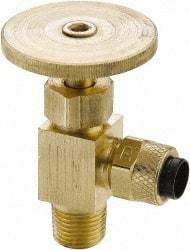 Parker - 1/4" Pipe, Angled Needle Valve - Poly-Tite x MNPTF Ends, Brass Valve, 150 Max psi - Caliber Tooling