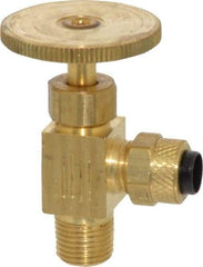 Parker - 1/4 x 1/8" Pipe, Angled Needle Valve - Poly-Tite x MNPTF Ends, Brass Valve, 150 Max psi - Caliber Tooling