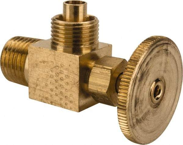 Parker - 3/8 x 1/4" Pipe, Angled Needle Valve - Poly-Tite x MNPTF Ends, Brass Valve, 150 Max psi - Caliber Tooling