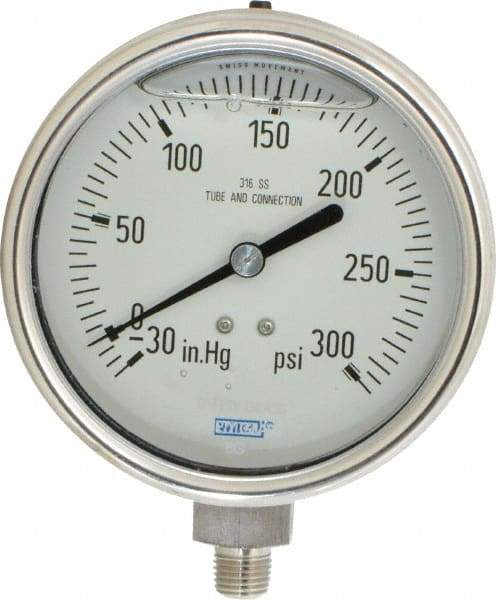 Wika - 4" Dial, 1/4 Thread, 30-0-300 Scale Range, Pressure Gauge - Lower Connection Mount, Accurate to 1% of Scale - Caliber Tooling