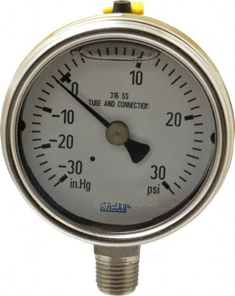 Wika - 2-1/2" Dial, 1/4 Thread, 30-0-30 Scale Range, Pressure Gauge - Lower Connection Mount, Accurate to 2-1-2% of Scale - Caliber Tooling