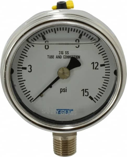 Wika - 2-1/2" Dial, 1/4 Thread, 0-15 Scale Range, Pressure Gauge - Lower Connection Mount, Accurate to 2-1-2% of Scale - Caliber Tooling