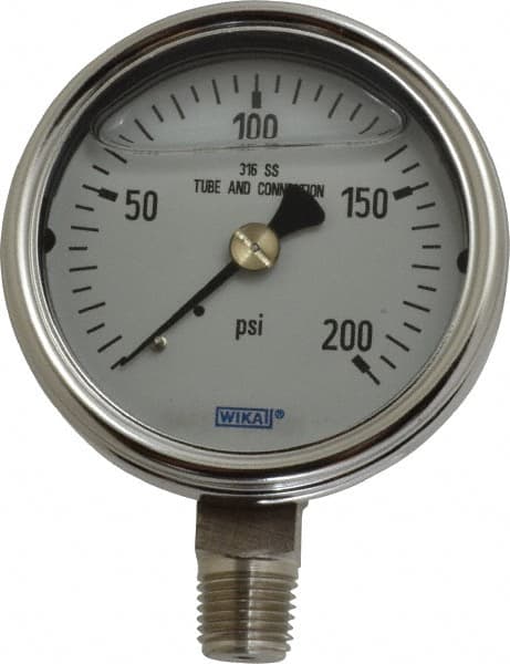 Wika - 2-1/2" Dial, 1/4 Thread, 0-200 Scale Range, Pressure Gauge - Lower Connection Mount, Accurate to 2-1-2% of Scale - Caliber Tooling