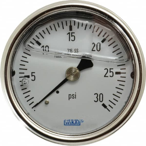 Wika - 2-1/2" Dial, 1/4 Thread, 0-30 Scale Range, Pressure Gauge - Center Back Connection Mount, Accurate to 2-1-2% of Scale - Caliber Tooling