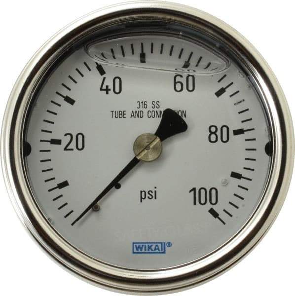 Wika - 2-1/2" Dial, 1/4 Thread, 0-100 Scale Range, Pressure Gauge - Center Back Connection Mount, Accurate to 2-1-2% of Scale - Caliber Tooling