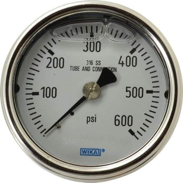 Wika - 2-1/2" Dial, 1/4 Thread, 0-600 Scale Range, Pressure Gauge - Center Back Connection Mount, Accurate to 2-1-2% of Scale - Caliber Tooling