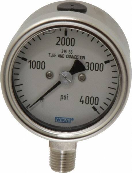 Wika - 2-1/2" Dial, 1/4 Thread, 0-4,000 Scale Range, Pressure Gauge - Lower Connection Mount, Accurate to 2-1-2% of Scale - Caliber Tooling