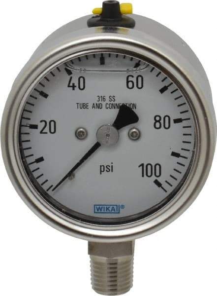 Wika - 2-1/2" Dial, 1/4 Thread, 100 Scale Range, Pressure Gauge - Lower Connection Mount, Accurate to 2-1-2% of Scale - Caliber Tooling