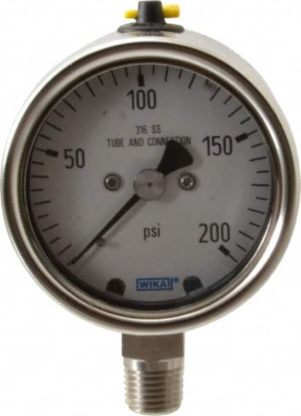 Wika - 2-1/2" Dial, 1/4 Thread, 200 Scale Range, Pressure Gauge - Lower Connection Mount, Accurate to 2-1-2% of Scale - Caliber Tooling