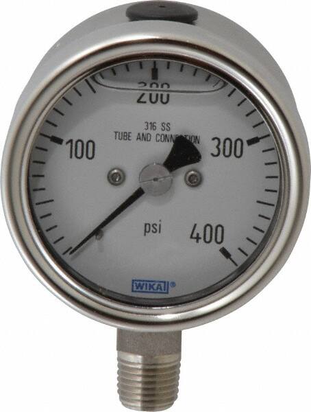 Wika - 2-1/2" Dial, 1/4 Thread, 400 Scale Range, Pressure Gauge - Lower Connection Mount, Accurate to 2-1-2% of Scale - Caliber Tooling