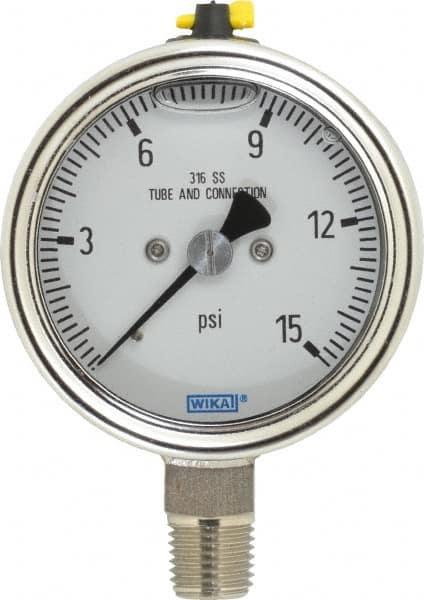 Wika - 2-1/2" Dial, 1/4 Thread, 15 Scale Range, Pressure Gauge - Lower Connection Mount, Accurate to 2-1-2% of Scale - Caliber Tooling