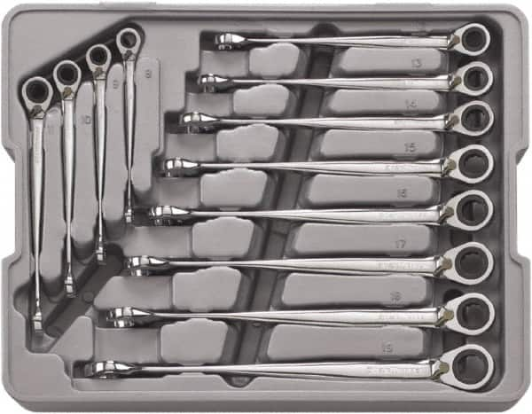 GearWrench - 12 Piece, 8mm to 19mm, 12 Point Ratcheting Combination Wrench/X-Beam Set - Metric Measurement Standard, Chrome Finish, Comes in Plastic Tray - Caliber Tooling