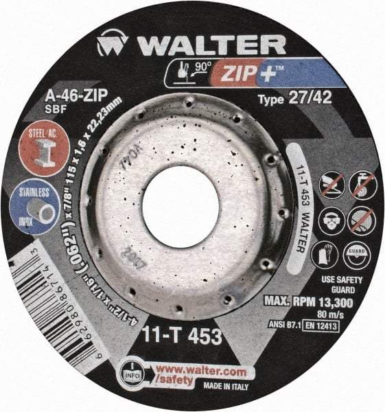 WALTER Surface Technologies - 4-1/2" Wheel Diam, 1/16" Wheel Thickness, 7/8" Arbor Hole, Depressed Center Wheel - Aluminum Oxide/Silicon Carbide Blend, 13,300 Max RPM - Caliber Tooling