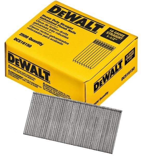 DeWALT - 16 Gauge 1-1/2" Long Finishing Nails for Power Nailers - Grade 2 Steel, Galvanized Finish, Straight Stick Collation - Caliber Tooling