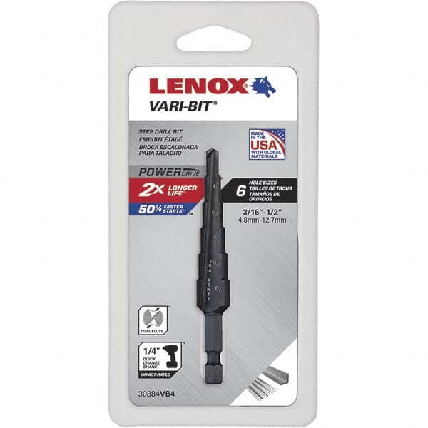 Lenox - 6 Hole Sizes, 3/16 to 1/2" Hole Diam High Speed Steel Split Point Step Drill Bit - Caliber Tooling