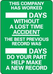 NMC - Scoreboards Scoreboard Type: Write-On Legend: This Company Has Worked ___ Days without A Lost Time Accident - The Best Previous Record Was ___ Days - Do Your Part... - Caliber Tooling