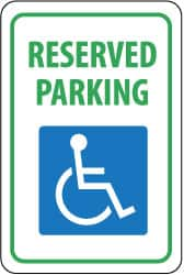 NMC - "Reserved Parking", "Handicapped Symbol", 12" Wide x 18" High, Aluminum ADA Signs - 0.063" Thick, Green & Blue on White, Rectangle, Post Mount - Caliber Tooling