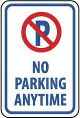 NMC - "No Parking Anytime", "Strike on P", 12" Wide x 18" High, Aluminum No Parking & Tow Away Signs - 0.063" Thick, Red & Blue on White, Rectangle, Post Mount - Caliber Tooling