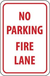 NMC - "No Parking - Fire Lane", 12" Wide x 18" High, Aluminum Fire Lane Signs - 0.063" Thick, Red on White, Rectangle, Post Mount - Caliber Tooling