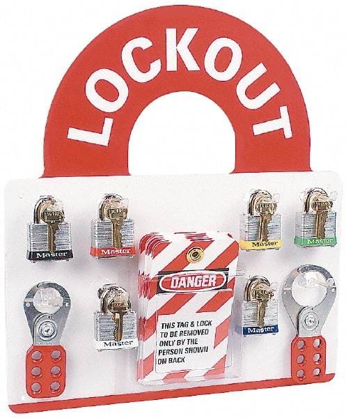 NMC - 10 Piece, Equipped Plexiglass Tag and Padlock / Hasp Station - 14 Inch Wide x 15-1/2 Inch High, White and White on Red - Caliber Tooling