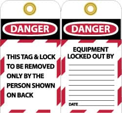 NMC - 3" High x 6" Long, DANGER - THIS TAG & LOCK TO BE REMOVED ONLY BY THE PERSON SHOWN ON BACK, English Safety & Facility Lockout Tag - Tag Header: Danger, 2 Sides, Black, Red & White Unrippable Vinyl - Caliber Tooling