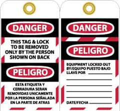 NMC - 3" High x 6" Long, DANGER - THIS TAG & LOCK TO BE REMOVED ONLY BY THE PERSON SHOWN ON BACK, English & Spanish Safety & Facility Lockout Tag - Tag Header: Danger, 2 Sides, Black, Red & White Unrippable Vinyl - Caliber Tooling