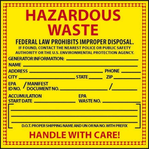 NMC - Hazardous Materials Label - Legend: Hazardous Waste - Federal Law Prohibits Improper Disposal, English, Red & Black & Yellow, 6" Long x 6" High, Sign Muscle Finish - Caliber Tooling