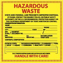 NMC - Hazardous Materials Label - Legend: Hazardous Waste - State and Federal Law Prohibits Improper Disposal, English, Red & Black & Yellow, 6" Long x 6" High, Sign Muscle Finish - Caliber Tooling