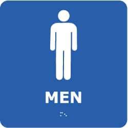 NMC - Men, 8" Wide x 8" High, Plastic Sign - English, Braille, White on Blue, Wall Mount - Caliber Tooling