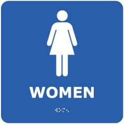 NMC - Women, 8" Wide x 8" High, Plastic Sign - English, Braille, White on Blue, Wall Mount - Caliber Tooling