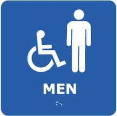 NMC - Men, 8" Wide x 8" High, Plastic Sign - English, Braille, White on Blue, Wall Mount - Caliber Tooling