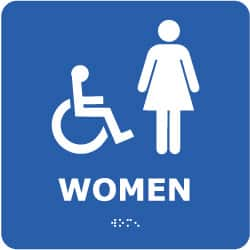 NMC - Women, 8" Wide x 8" High, Plastic Sign - English, Braille, White on Blue, Wall Mount - Caliber Tooling